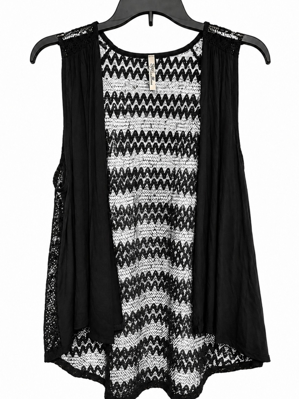 Women's Sz L Black Crochet Sleeveless Cardigan